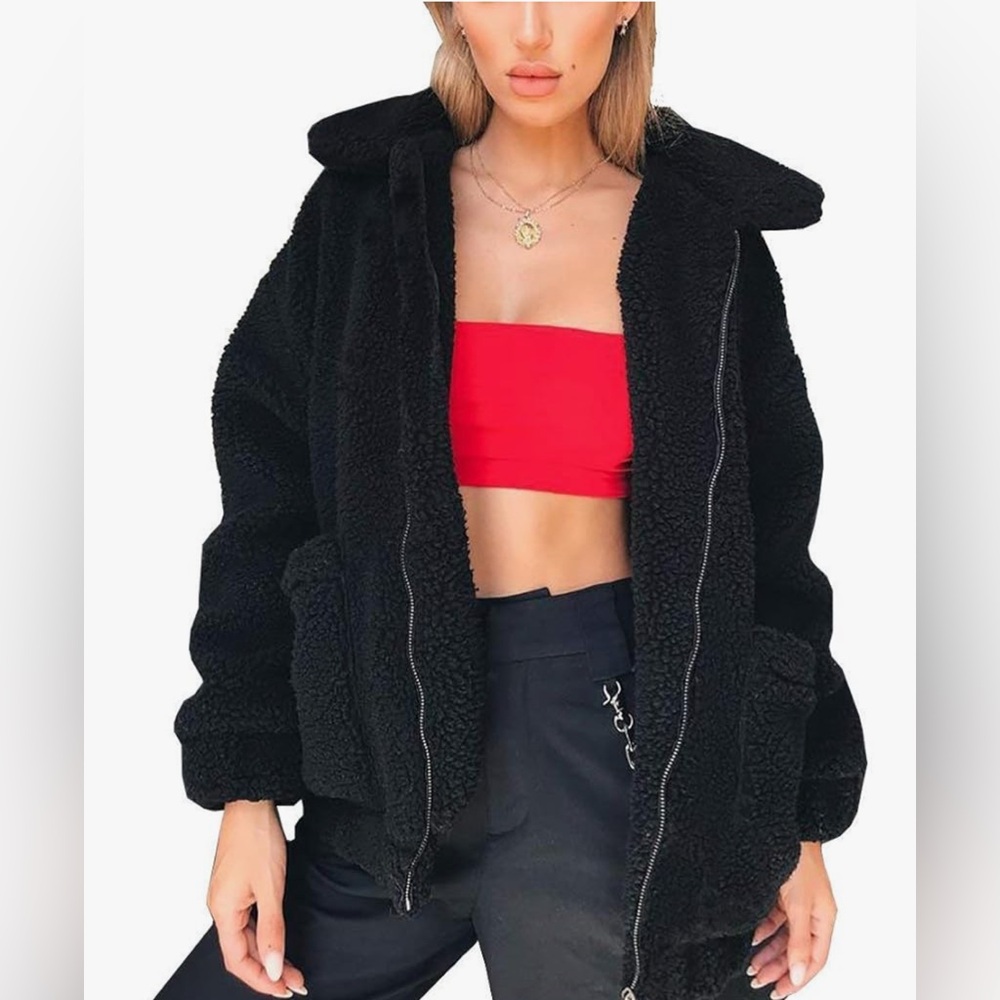 Casual Fleece Fuzzy Faux Shearling Warm Oversized Outwear Jacket Shaggy Coat - Picture 3 of 10